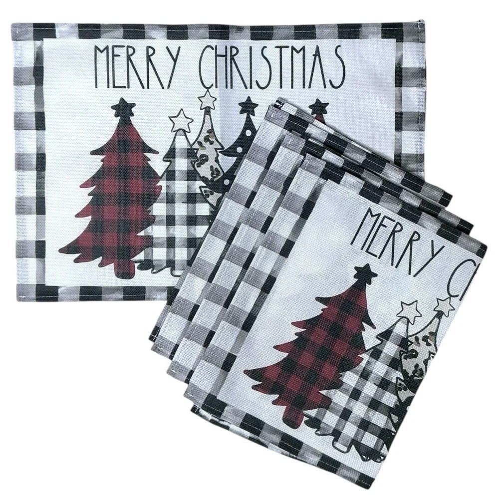 Christmas Placemats Trees Buffalo Plaid Placemats Black White 12 x 18 4 PC Set